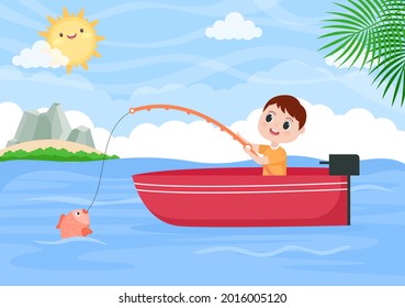 Children Fishing Fish By The River While Enjoying Quality Time At Summer Day With Hill Or Mountain View. Background Vector Illustration