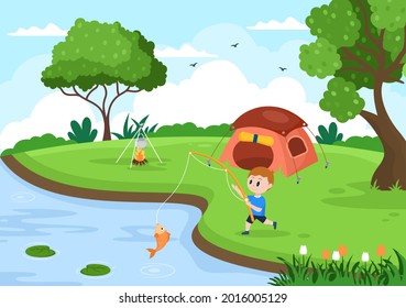 Children Fishing Fish By The River While Enjoying Quality Time At Summer Day With Hill Or Mountain View. Background Vector Illustration