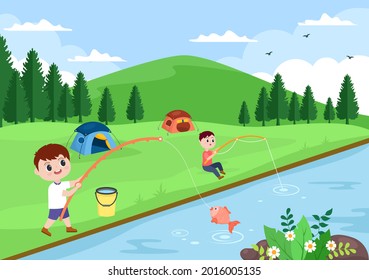 Children Fishing Fish By The River While Enjoying Quality Time At Summer Day With Hill Or Mountain View. Background Vector Illustration