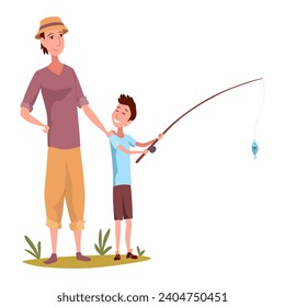 Children fishing icon. Happy boy child holding fish on fishing rod hook. Fisherman with fish catch cartoon. Family enjoying fishing. Cartoon little boy catching fish. Flat vector illustration