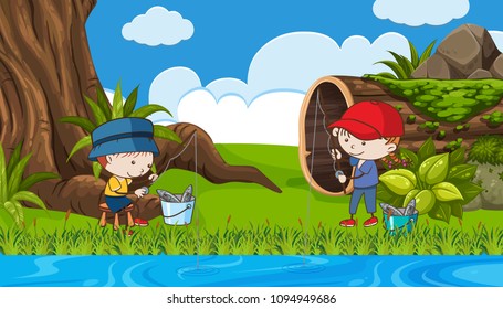 Children Fishing Next to to River illustration