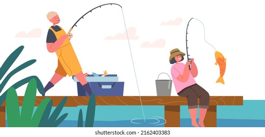 Children Fishing with Rods on Wooden Lake Pier, Boy and Girl Fishermen Having Fun on Pond. Kids Characters Active Leisure on Nature. Summer Time Recreation, Hobby. Cartoon People Vector Illustration