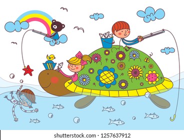 Children fishing in the sea