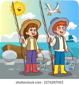 vector de dibujos animados para niños que pescan en el mar