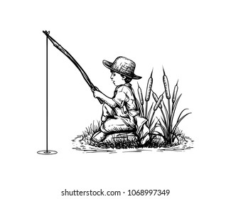 Children Fishing with Stick and Old Hat Besides Cattails Plants Hand Drawn Symbol Vintage Logo Vector