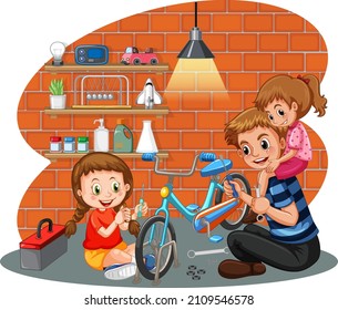 Children fixing a bicycle together  illustration