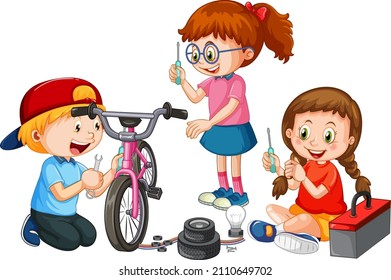 Children fixing a bicycle together illustration