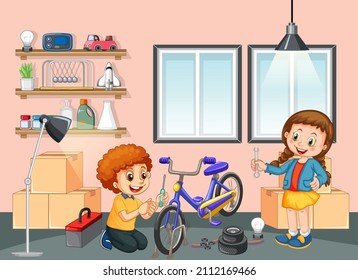 Children fixing a bicycle together in the room scene illustration