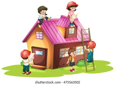 Children fixing and building house illustration