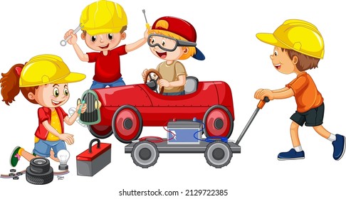 Children fixing a car together illustration - Shutterstock ID 2129722385