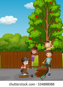 Children fixing fence in the garden illustration