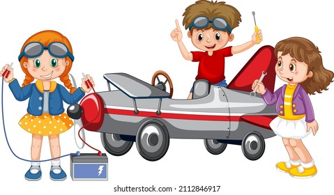 Children fixing a plane together illustration