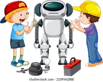 Children fixing a robot together illustration