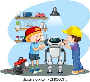 Children fixing a robot together illustration