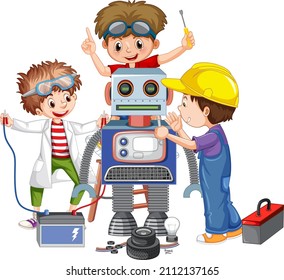 Children fixing a robot together illustration