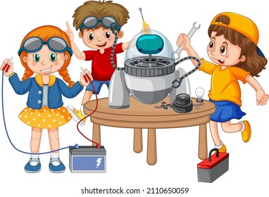 Children fixing a robot together on white background illustration