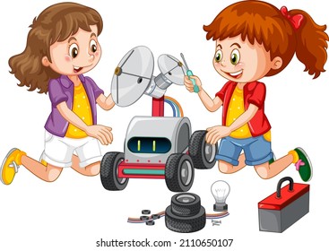 Children fixing a robot together on white background illustration