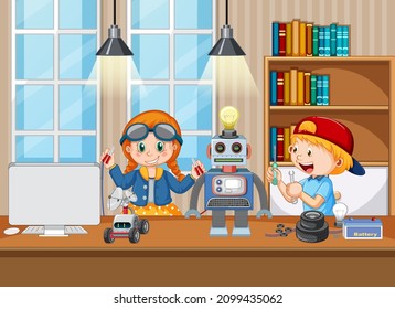 Children fixing a robot together in the room scene illustration