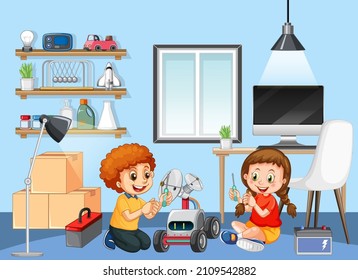 Children fixing a robot together in the room scene illustration
