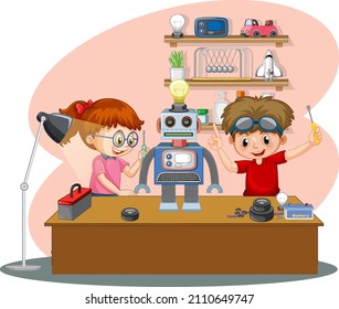 Children fixing a robot together in the room scene illustration