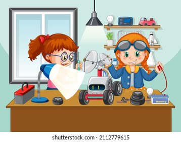 Children fixing a robot together in the room scene illustration