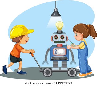 Children fixing a robot together in the room scene illustration