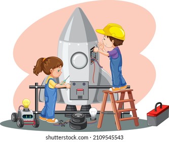 Children fixing a rocket together on white background illustration