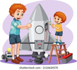 Children fixing a rocket together on white background illustration