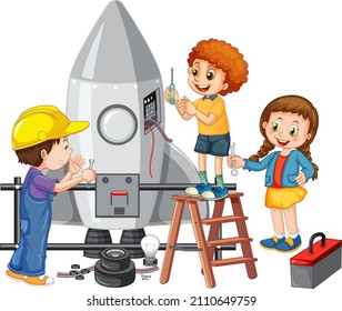 Children fixing a rocket together on white background illustration