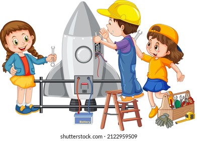 Children fixing a rocket together on white background illustration