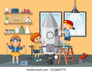 Children fixing a rocket toy together in the room scene illustration