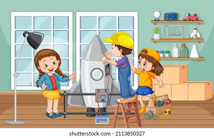 Children fixing a rocket toy together in the room scene illustration