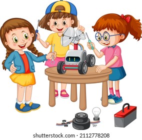 Children fixing toy car together on white background illustration