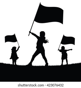 Children With Flag Silhouette Illustration In Nature