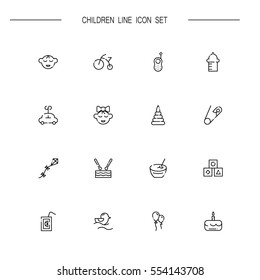 Children flat icon set. Collection of high quality outline symbols of baby for web design, mobile app. Vector thin line icons or logo of duck, baby, cake, toy, milk, bike, juice, kite, etc.