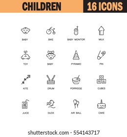Children flat icon set. Collection of high quality outline symbols of baby for web design, mobile app. Vector thin line icons or logo of duck, baby, cake, toy, milk, bike, juice, kite, etc.