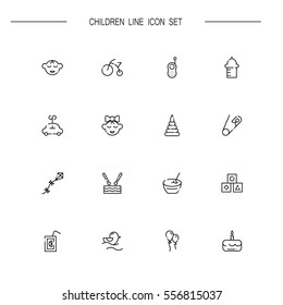 Children flat icon set. Collection of high quality outline symbols of baby for web design, mobile app. Vector thin line icons or logo of duck, baby, cake, toy, milk, bike, juice, kite, etc.