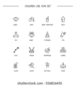 Children flat icon set. Collection of high quality outline symbols of baby for web design, mobile app. Vector thin line icons or logo of duck, baby, cake, toy, milk, bike, juice, kite, etc.