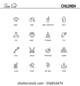 Children flat icon set. Collection of high quality outline symbols of baby for web design, mobile app. Vector thin line icons or logo of duck, baby, cake, toy, milk, bike, juice, kite, etc.