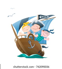 Children float by the pirates ship
Cartoon funny children float by the pirates sheep vector illustration