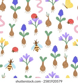 Children Flower Pattern. Spring Flowers, Bulbs and Garden Insects Seamless Pattern.