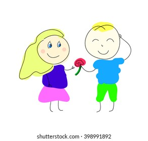 Children and flower vector illustration, first love illustration, naive illustration children relationship, nursery art, children emotions, child drawing, child art, positive emotions illustration