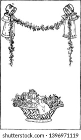Kinder und Blumen Border haben zwei Mädchen halten eine lange Blumenkette auf jedem Ende dieses Musters Vintage Linie Zeichnung oder Gravitation Illustration.