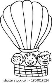 Los niños vuelan en un globo de aire caliente. Cuto doodle dibujado a mano vectorial. Negro aislado sobre fondo blanco.