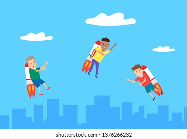 children fly with jetpack in sky over the city buildings