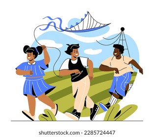 Children fly kite. Boys and girl have rest after school and play with kite. Schoolchildren spend time together outdoor. People playing at summer field. Cartoon flat vector illustration