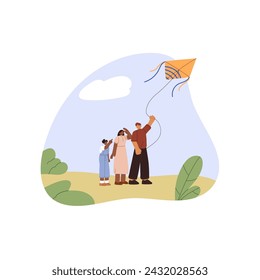 Children fly kite outdoor. Friends walk, play together in park. Kids look up in sky. Little girl pointing finger at flying, lifting by wind in air toy. Flat isolated vector illustration on white