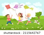 Children fly kites. Happy kids running and launch air toys together in nature. Bright color objects. Different controlled things. Summer leisure. Girl and boys play