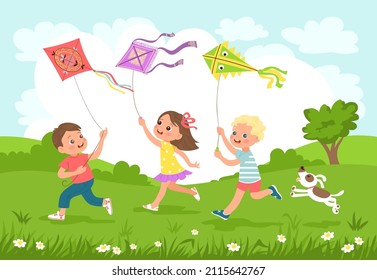 Children fly kites. Happy kids running and launch air toys together in nature. Bright color objects. Different controlled things. Summer leisure. Girl and boys play