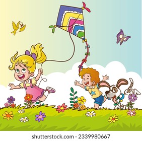 Children fly kites. Happy kids running and launch air toys together in nature